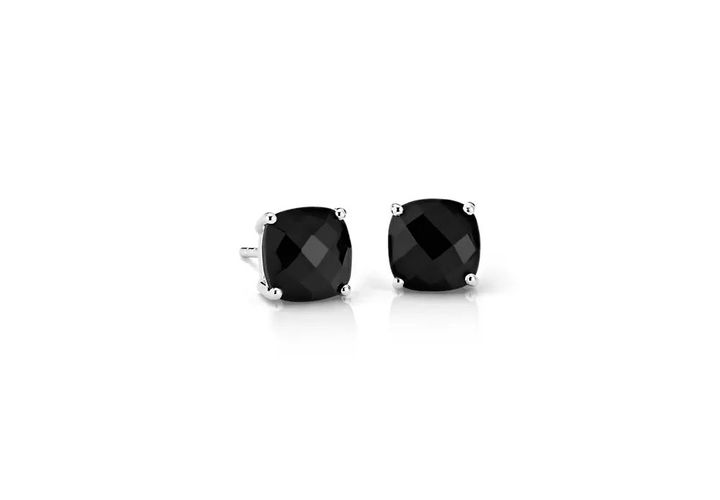 Faceted black onyx cushion cut earrings set in sterling silver studs